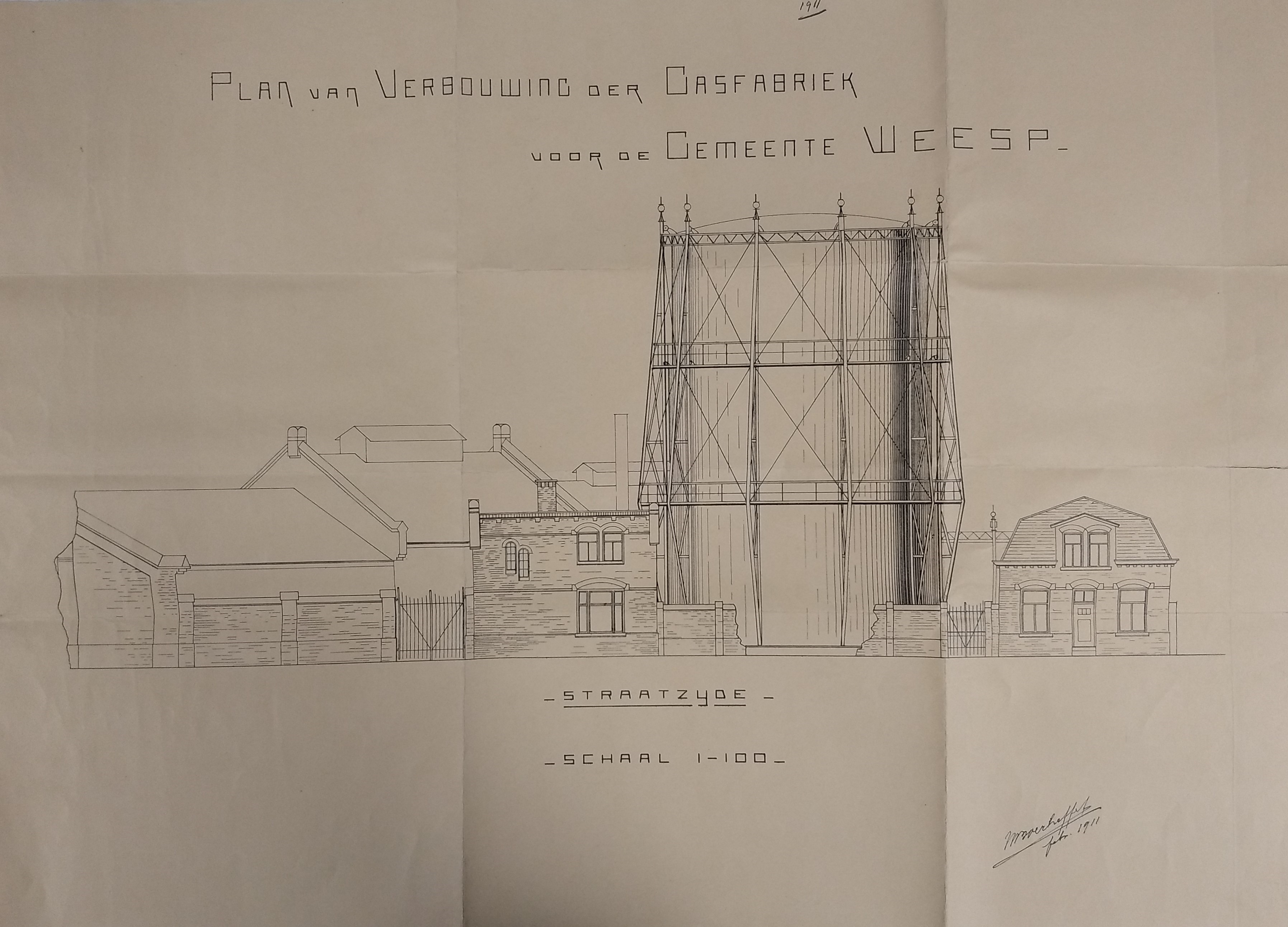 Gasfabriek 1 tekening-straatzijde met opslagcontainer